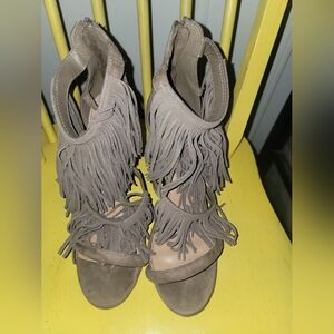 Candie's Fringe Suede Heels - Taupe